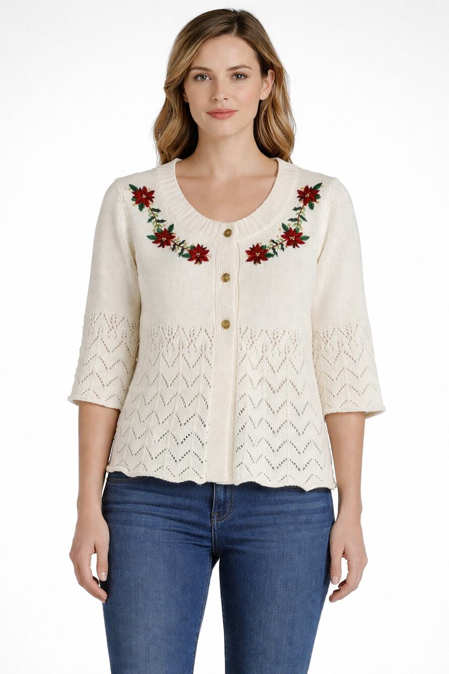 CB Career VTG Knit Cardigan Sweater Holiday Poinsettia Christmas Womens Large